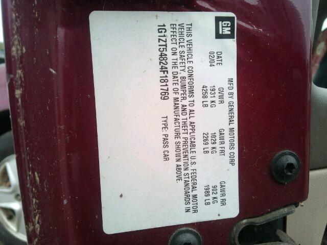 1G1ZT54824F181769 - 2004 CHEVROLET MALIBU LS მუქწითელი ფოტო 10