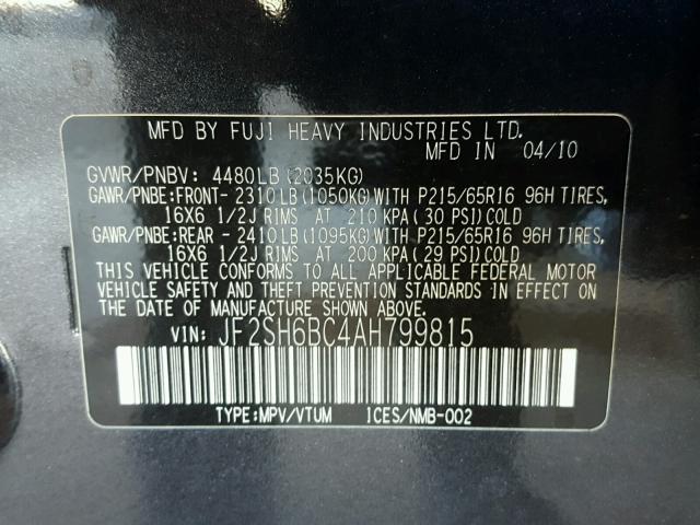 JF2SH6BC4AH799815 - 2010 SUBARU FORESTER X GRAY photo 10