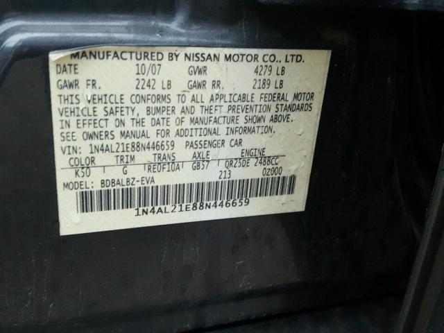 1N4AL21E88N446659 - 2008 NISSAN ALTIMA BLUE photo 10