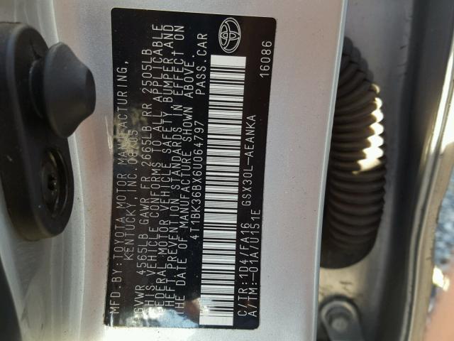 4T1BK36BX6U064797 - 2006 TOYOTA AVALON SILVER photo 10