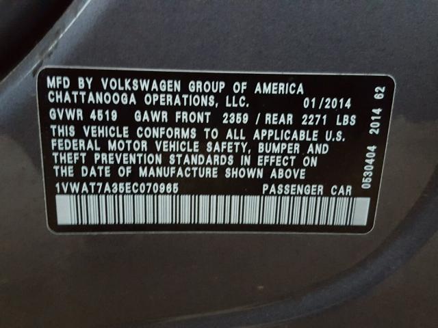 1VWAT7A35EC070965 - 2014 VOLKSWAGEN PASSAT S ნაცრისფერი ფოტო 10