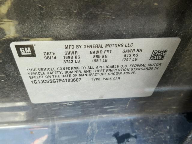 1G1JC5SG7F4103607 - 2015 CHEVROLET SONIC LT GRAY photo 10