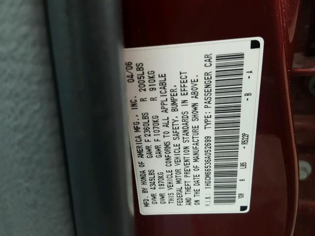 1HGCM66536A052699 - 2006 HONDA ACCORD EX RED photo 10