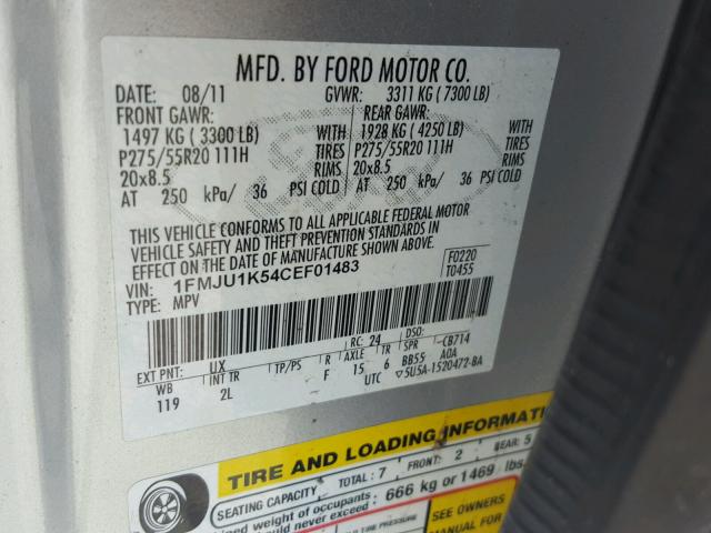 1FMJU1K54CEF01483 - 2012 FORD EXPEDITION SILVER photo 10