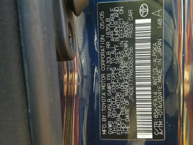 JTKDE177960063756 - 2006 TOYOTA SCION TC BLUE photo 10