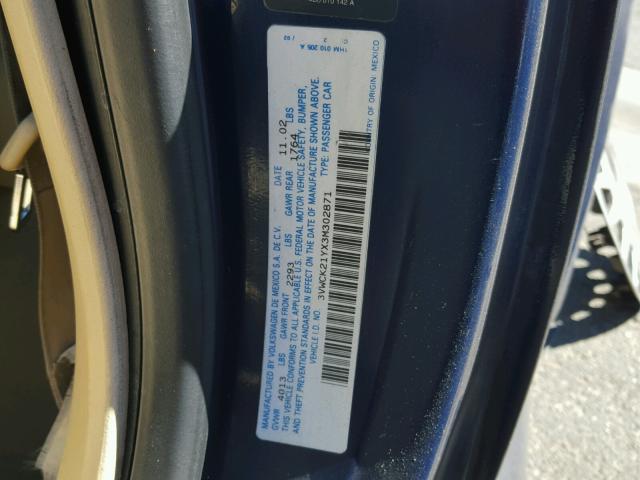 3VWCK21YX3M302871 - 2003 VOLKSWAGEN NEW BEETLE ლურჯი ფოტო 10