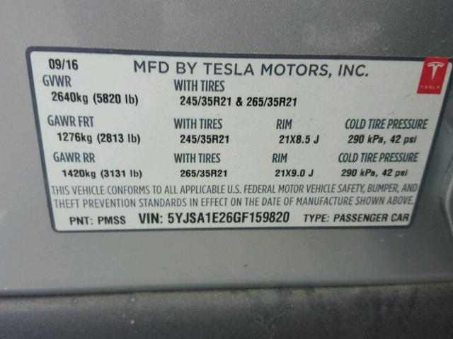 5YJSA1E26GF159820 - 2016 TESLA MODEL S SILVER photo 10