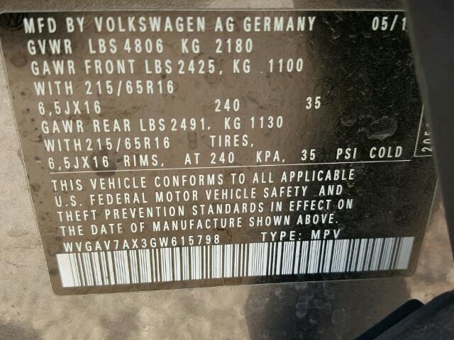 WVGAV7AX3GW615798 - 2016 VOLKSWAGEN TIGUAN S GRAY photo 10