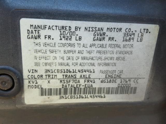 3N1CB51D61L454461 - 2001 NISSAN SENTRA XE GRAY photo 10