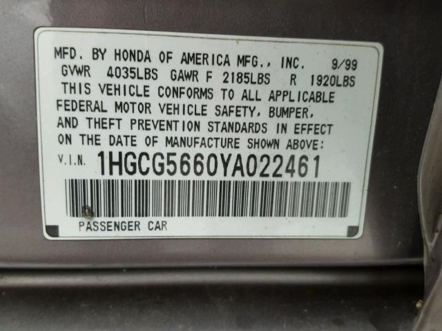 1HGCG5660YA022461 - 2000 HONDA ACCORD EX GRAY photo 10