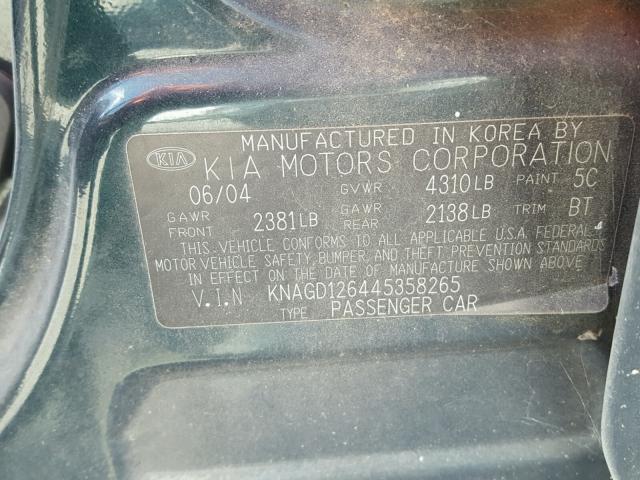 KNAGD126445358265 - 2004 KIA OPTIMA GREEN photo 10