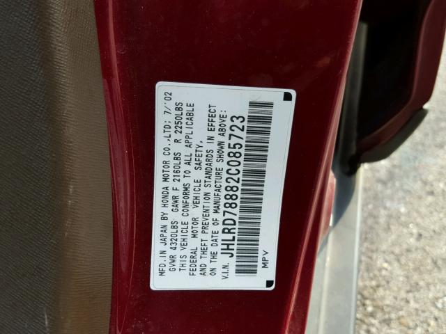 JHLRD78882C085723 - 2002 HONDA CR-V EX BURGUNDY photo 10