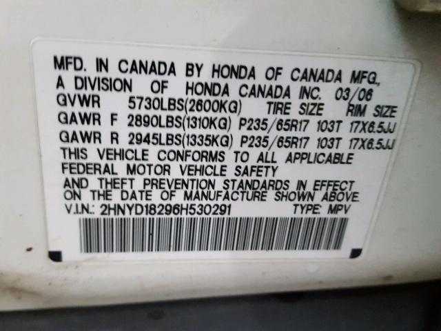 2HNYD18296H530291 - 2006 ACURA MDX WHITE photo 10