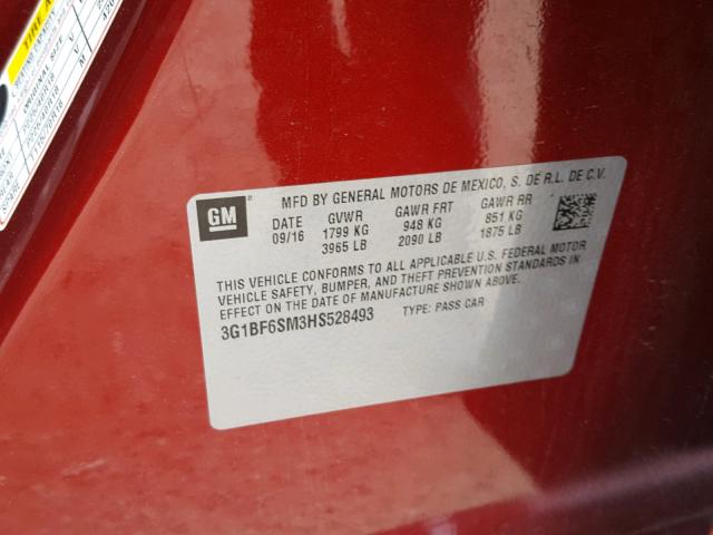 3G1BF6SM3HS528493 - 2017 CHEVROLET CRUZE PREM RED photo 10