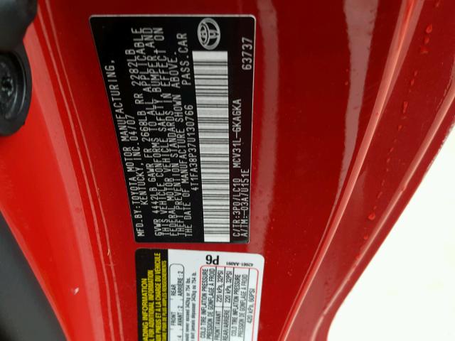 4T1FA38P37U130766 - 2007 TOYOTA CAMRY SOLA RED photo 10