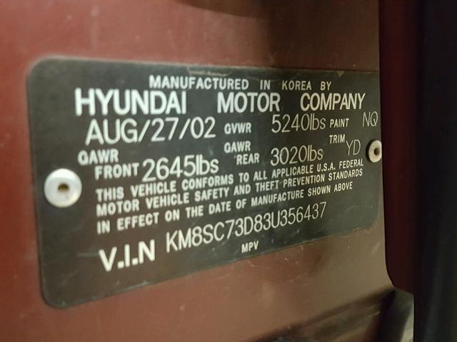 KM8SC73D83U356437 - 2003 HYUNDAI SANTA FE G RED photo 10