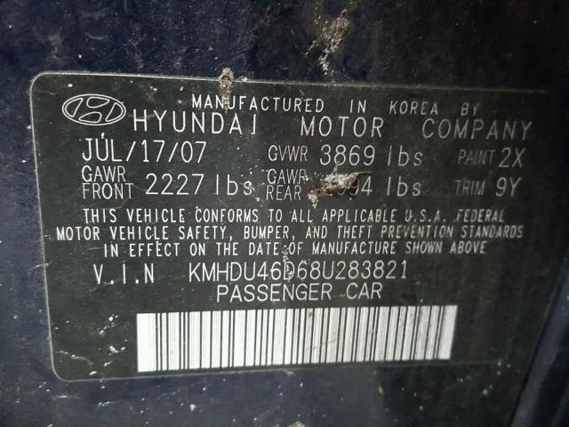 KMHDU46D68U283821 - 2008 HYUNDAI ELANTRA BLUE photo 10