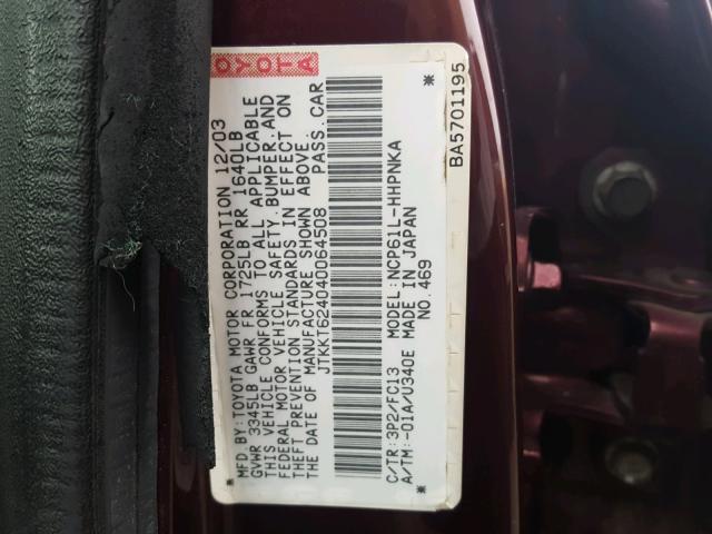 JTKKT624040064508 - 2004 TOYOTA SCION XA იასამნისფერი ფოტო 10