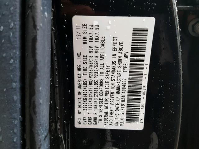 5J8TB1H24CA004667 - 2012 ACURA RDX BLACK photo 10