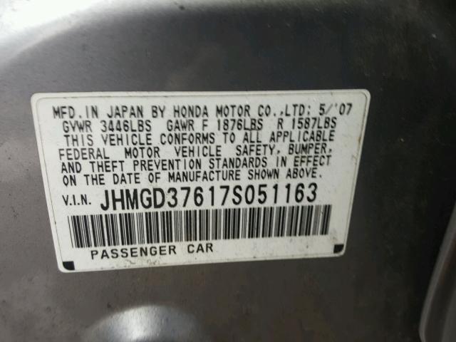 JHMGD37617S051163 - 2007 HONDA FIT S 灰色 照片 10