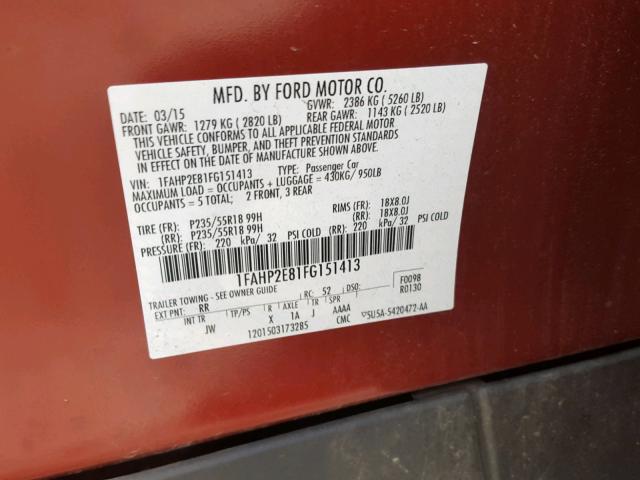 1FAHP2E81FG151413 - 2015 FORD TAURUS SEL RED photo 10