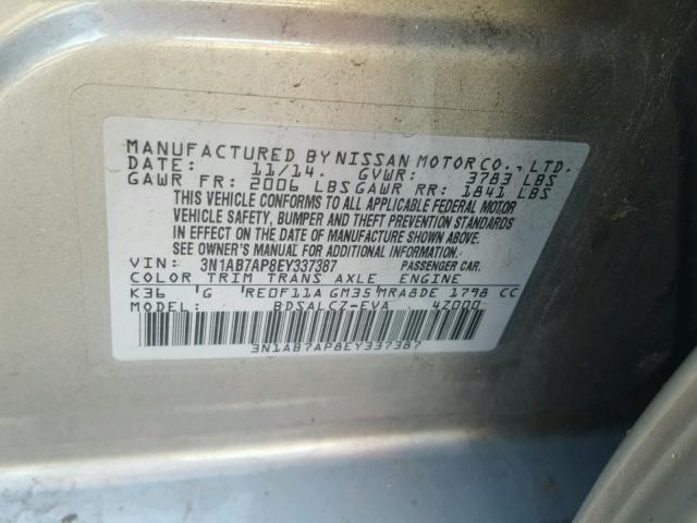 3N1AB7AP8EY337387 - 2014 NISSAN SENTRA S GRAY photo 10