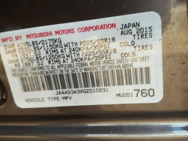 JA4AD3A3XGZ010831 - 2016 MITSUBISHI OUTLANDER BROWN photo 10