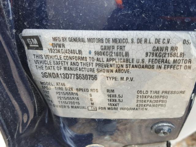 3GNDA13D77S630756 - 2007 CHEVROLET HHR LS ლურჯი ფოტო 10