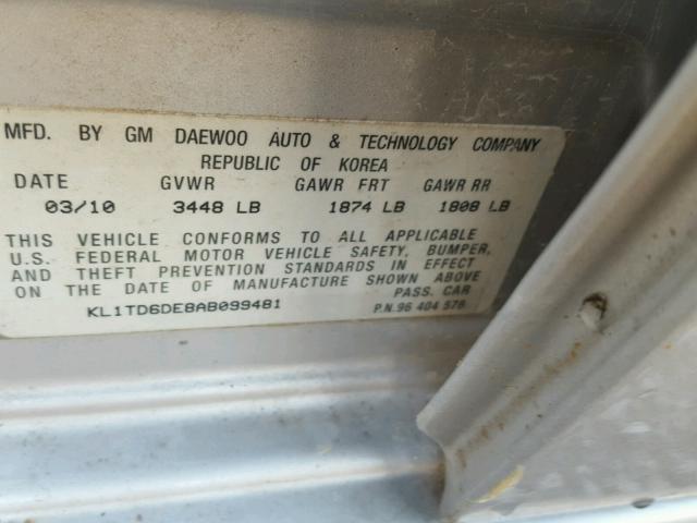 KL1TD6DE8AB099481 - 2010 CHEVROLET AVEO LS SILVER photo 10