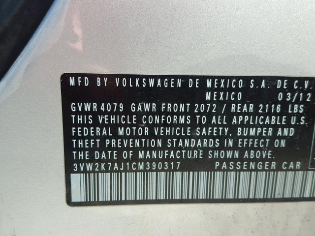 3VW2K7AJ1CM390317 - 2012 VOLKSWAGEN JETTA BASE 银色 照片 10