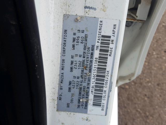 JM1BL1L36C1531388 - 2012 MAZDA SPEED 3 WHITE photo 10