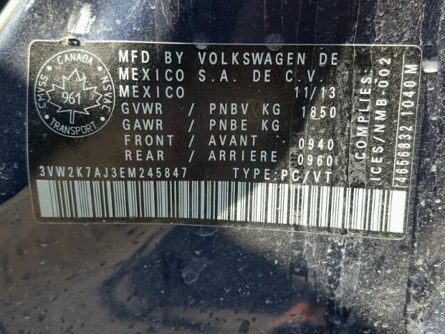 3VW2K7AJ3EM245847 - 2014 VOLKSWAGEN JETTA BASE BLUE photo 10