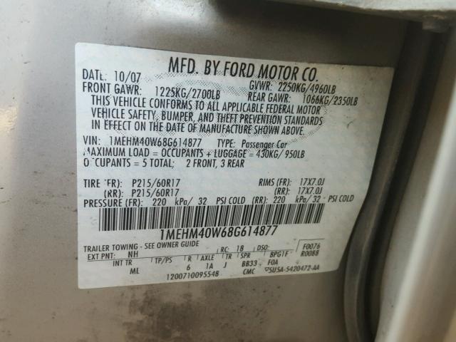 1MEHM40W68G614877 - 2008 MERCURY SABLE LUXU CREAM photo 10