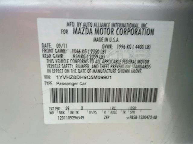 1YVHZ8DH9C5M09901 - 2012 MAZDA 6 SILVER photo 10