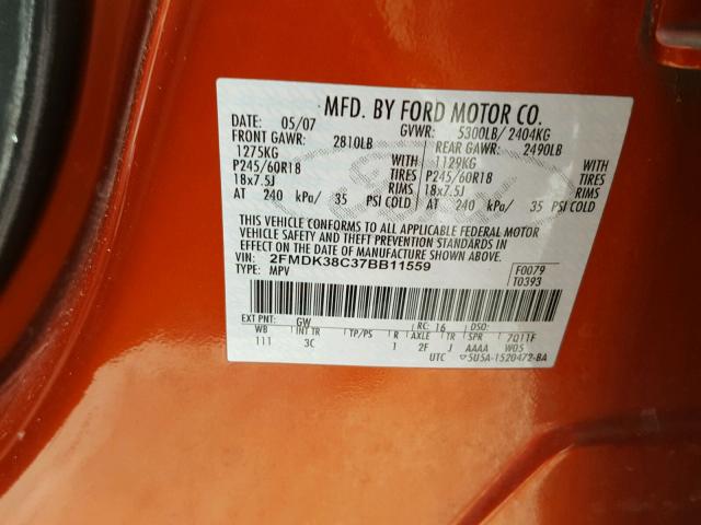 2FMDK38C37BB11559 - 2007 FORD EDGE ORANGE photo 10