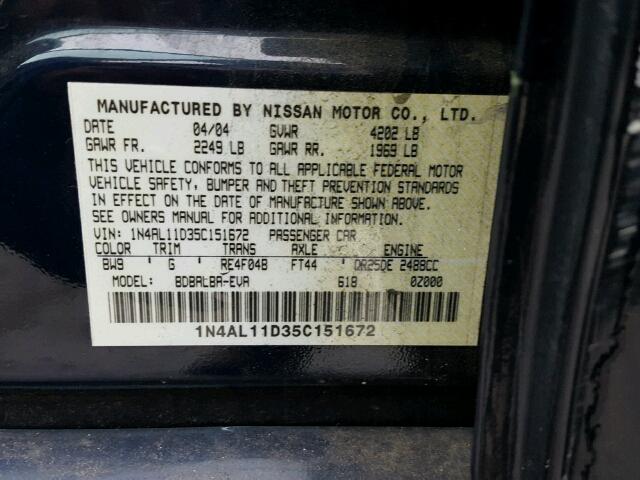 1N4AL11D35C151672 - 2005 NISSAN ALTIMA S BLUE photo 10