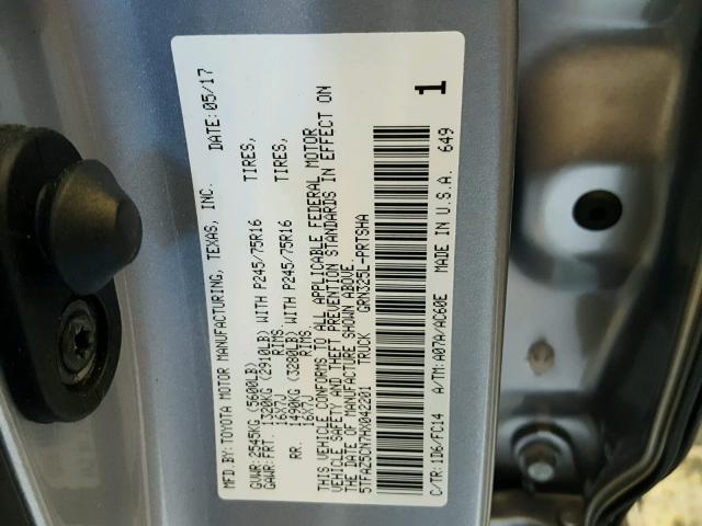 5TFAZ5CN7HX042201 - 2017 TOYOTA TACOMA DOU SILVER photo 10