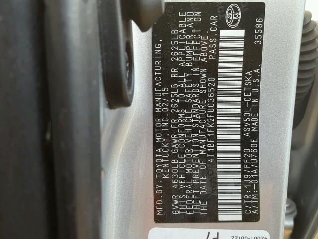 4T1BF1FK2FU036520 - 2015 TOYOTA CAMRY LE ვერცხლისფერი ფოტო 10