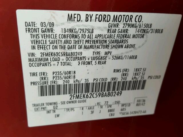 2FMEK62C59BA80249 - 2009 FORD FLEX SEL RED photo 10