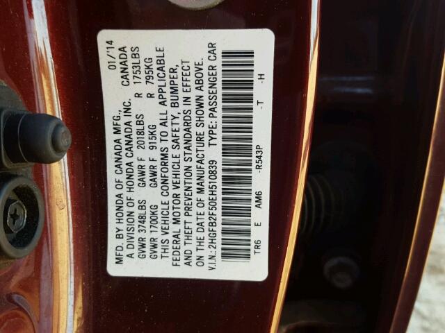 2HGFB2F50EH510839 - 2014 HONDA CIVIC LX BURGUNDY photo 10