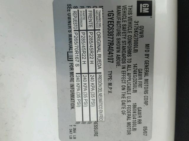 1GYEC63877R404107 - 2007 CADILLAC ESCALADE L WHITE photo 10