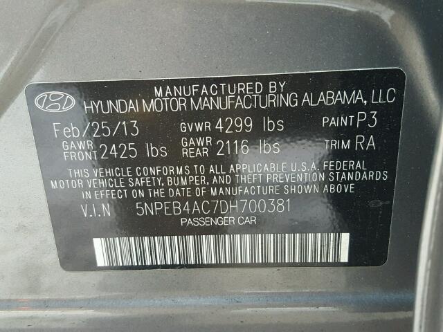 5NPEB4AC7DH700381 - 2013 HYUNDAI SONATA GLS GRAY photo 10