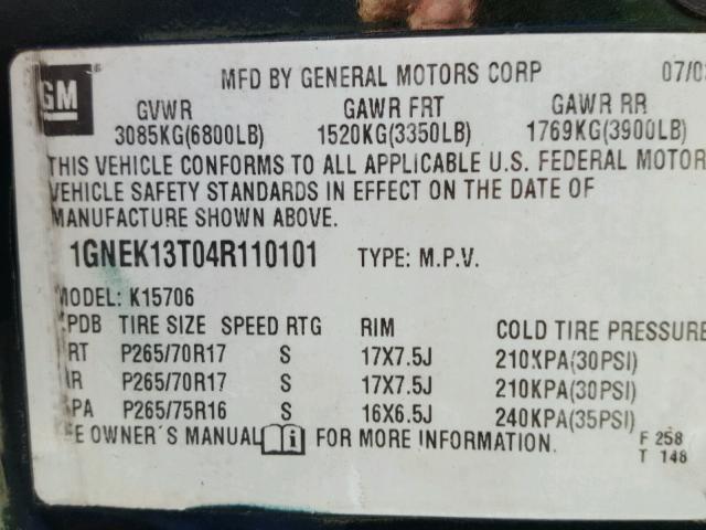 1GNEK13T04R110101 - 2004 CHEVROLET TAHOE K150 GREEN photo 10