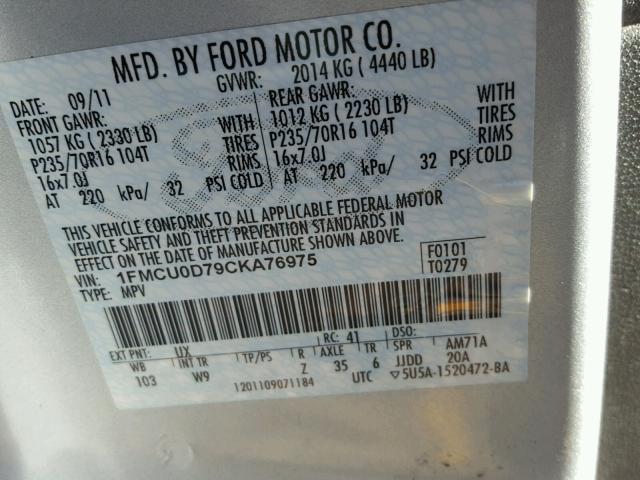 1FMCU0D79CKA76975 - 2012 FORD ESCAPE SILVER photo 10