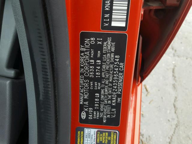 KNADE243596547548 - 2009 KIA RIO 5 SX RED photo 10