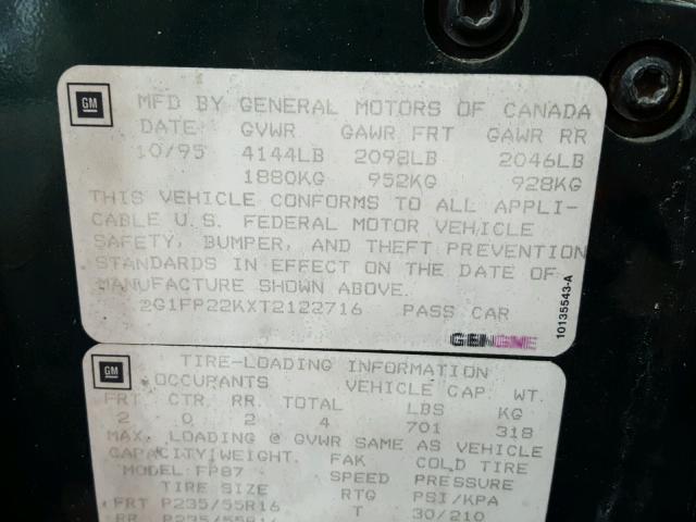 2G1FP22KXT2122716 - 1996 CHEVROLET CAMARO BAS 绿色 照片 10