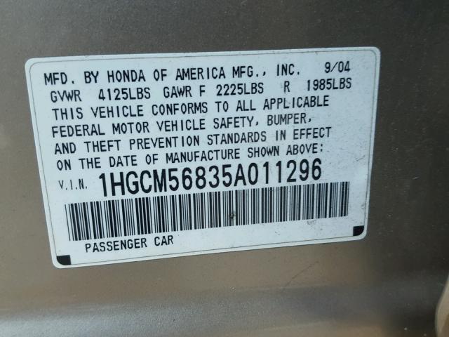 1HGCM56835A011296 - 2005 HONDA ACCORD GOLD photo 10