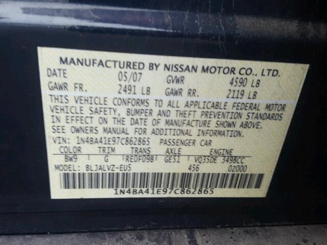 1N4BA41E97C862865 - 2007 NISSAN MAXIMA SE BLUE photo 10