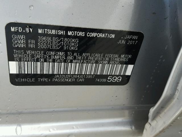 JA32U2FUXHU013957 - 2017 MITSUBISHI LANCER ES SILVER photo 10