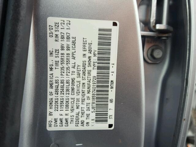 5J8TB18597A019729 - 2007 ACURA RDX TECHNO SILVER photo 10